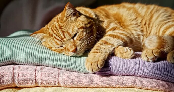 A cozy ginger cat peacefully sleeping on a stack of colorful sweaters in warm sunlight