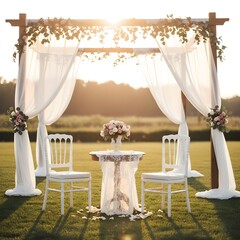 . 푸른 초원 위 화이트 커튼으로 장식된 야외 웨딩 제단 elegant outdoor wedding altar with white curtains on a green field