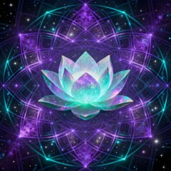 . 신비로운 보랏빛 아우라 속에서 빛나는 연꽃 추상 glowing lotus flower with sacred geometry and purple mandala aura