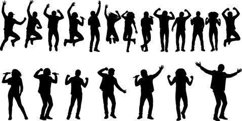 Fototapeta premium Dancing people silhouette collection, singers performers jumping posing isolated on white background, party concert celebration, dynamic music illustration set bundle