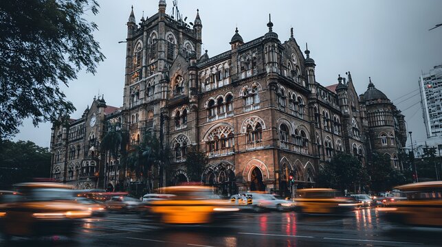 Chhatrapati Shivaji Maharaj Terminus in Mumbai, India, with blurred traffic on a rainy day.