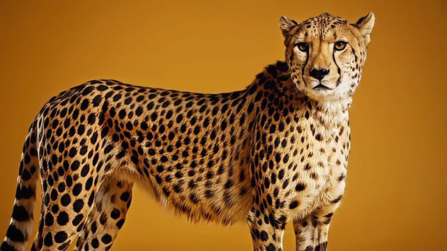 Cheetahs standing in a row on a soft orange background in a video storyboard setting