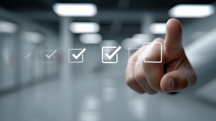 A hand selects a checkbox from a series of checkboxes in a futuristic, blurred background, symbolizing choice and decision-making.
