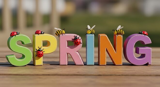 Colorful spring letters with ladybugs and bees on wooden table
