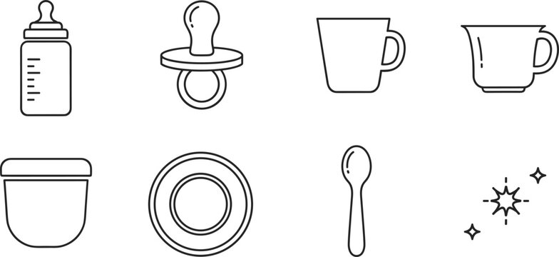 Baby feeding and tableware icon set, black outline vector illustrations with baby bottle, pacifier, toddler cup, bowl, plate and spoon isolated on white background.