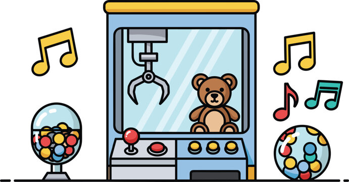 Claw machine and arcade game set with teddy bear prize, gumball machine, colorful balls and music notes on white background.