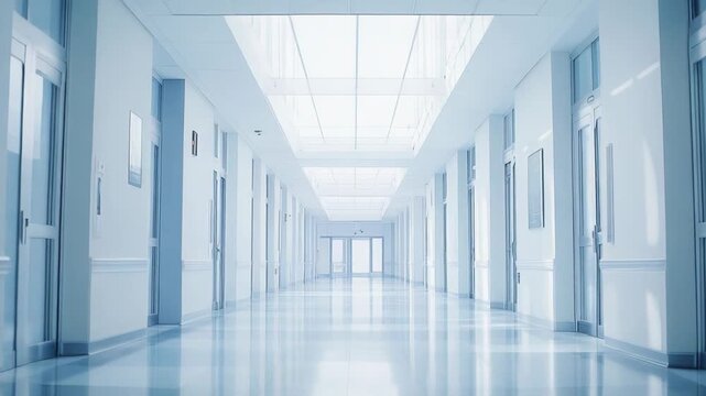 Clean and modern hospital corridor with light blue tones and a polished floor reflecting the overhead lighting, creating a sense of sterility and a clear path forward in healthcare