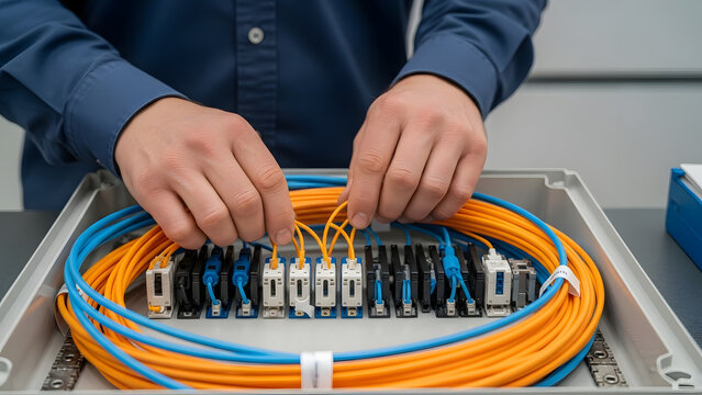 Hands connecting fiber optic cables.