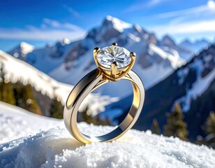 A large diamond ring on snowy ground with mountains