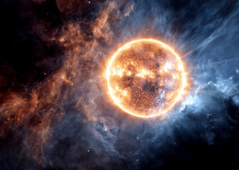 Obraz premium A brilliant star shines brightly amidst swirling cosmic clouds, creating a mesmerizing scene of vibrant colors in the vastness of space. Energy and light dance around the celestial body.