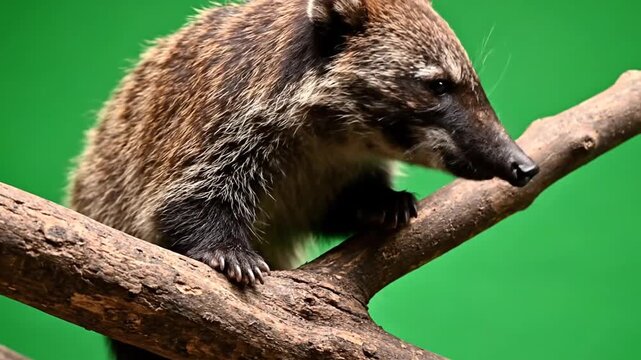 A brown coati with a long snout and striped tail perches on a tree branch against a bright green background.