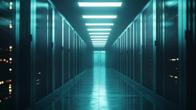 Server racks line a bright corridor in a modern data center, showcasing high density infrastructure for cloud computing, big data storage, networking and secure it operations