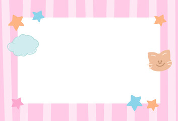 Pink rectangle frame with cat, cloud, stars and stripe pattern for animal print, polaroid photo, ad template, social media, poster, notepad, sticky note, memo, banners, border, postcard, pet shop