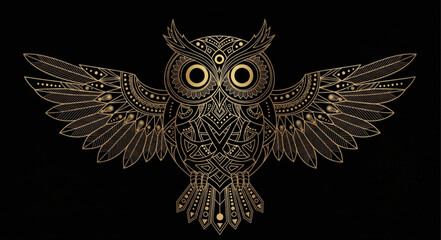 Obraz premium Ornate Golden Owl Illustration with Wings Spread Wide.