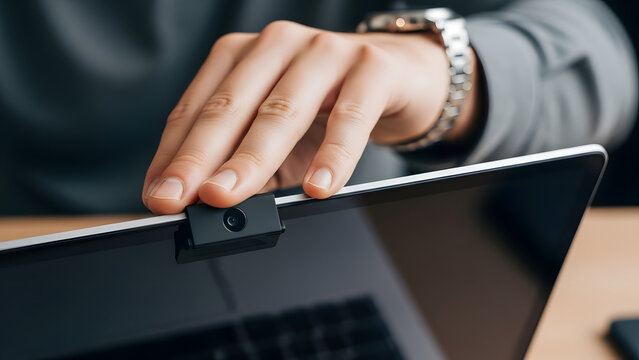 Hand holding laptop with phone holder.