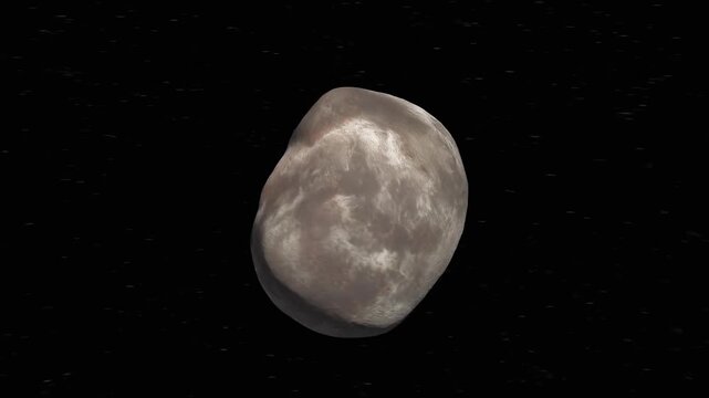 Phobos, Mars' moon, with its irregular shape, orbits rapidly in space against a starry backdrop.