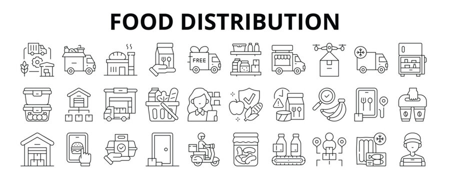 30 Food Distribution Line Icons Vector - Supply Chain, Food Truck, Food Logistics, Drone Delivery, Grocery, Supplier, Courier