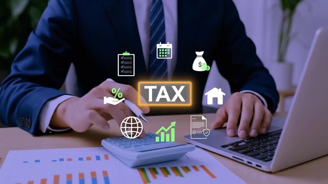 E-tax, Businessman show TAX for Individual income tax return form online for tax payment concept. Government, state taxes. Data analysis, paperwork, financial research, report. Calculation tax return.