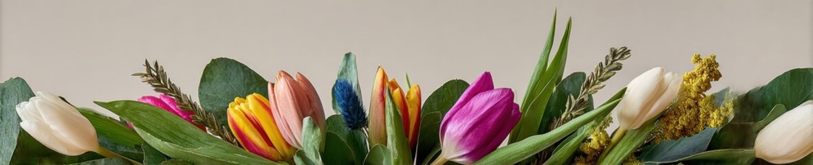 Obraz premium Colorful Tulips and Mimosa Flowers bouquet arranged on bottom edge with copy space for seasonal spring advertising, nature themed botanical banner background