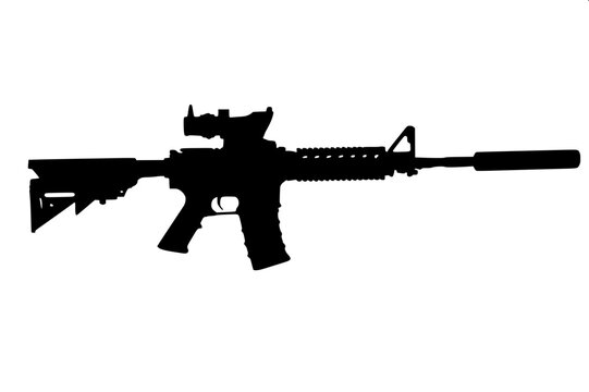 Minimal black and white tactical emblem with assault rifles, pentagram circle symbol, crossed jungle knives, logo style vector