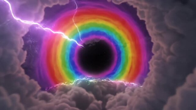 Abstract Tunnel of Clouds with Rainbow and Lightning Strikes