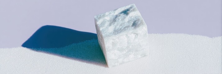 Natural Quartz Stone Cube resting on rough white mineral surface with long shadows for product display background or jewelry showcase mockup in purple tones