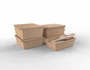 Cardboard meal prep boxes, wooden cutlery, paper tape sealing, eco courier packaging, sustainability branding mockup, realistic 3D render.
