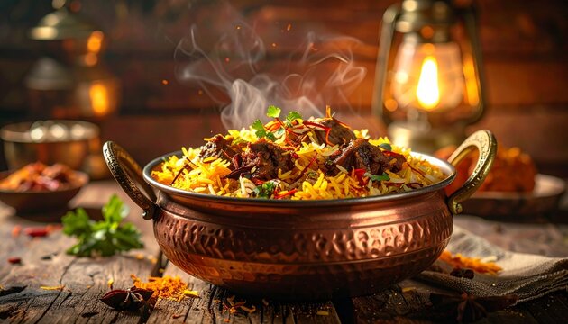 steaming hot mutton biryani served in a traditional copper handi on a rustic wooden table with lantern background