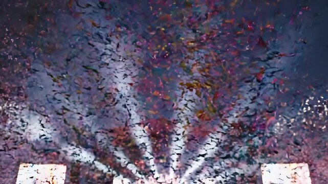 Crowd celebrating at a vibrant concert with confetti and bright lights.