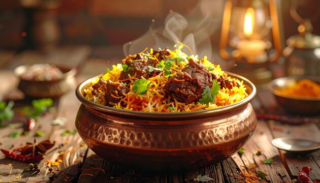 delicious mutton biryani served in traditional copper handi with aromatic spices on wooden background