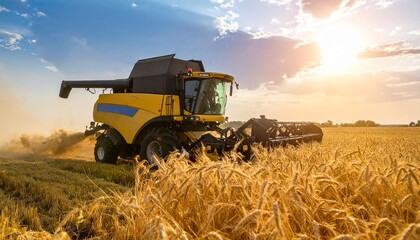 Fototapeta premium A powerful combine harvester works across a vast golden wheat field under a clear blue summer sky, harvesting ripe grain for the modern agricultural farm landscape