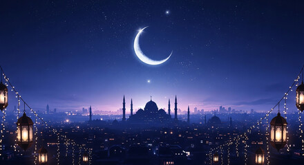 Naklejka premium Magical Ramadan night background with glowing crescent moon, stars and mosque silhouette in blue sky.