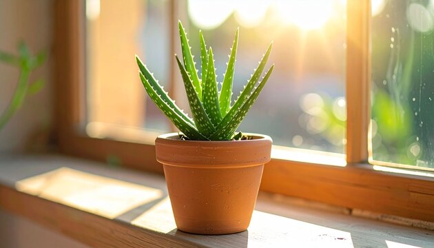 A green succulent houseplant grows in a decorative flowerpot on a sunny window, showcasing natural botany and growth as a beautiful indoor potted cactus decoration