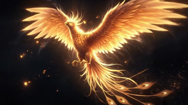 Fiery Phoenix Bird Flying in Dark Sky - Mythical Creature, Rebirth Concept