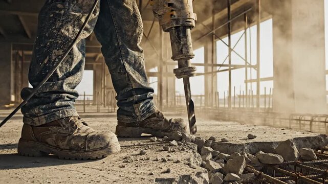 Construction worker jackhammering concrete floor at dusty building site