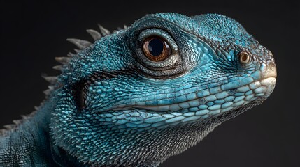 Fototapeta premium Close-up of a vibrant blue lizards head with intricate scales and a watchful eye against a dark background.