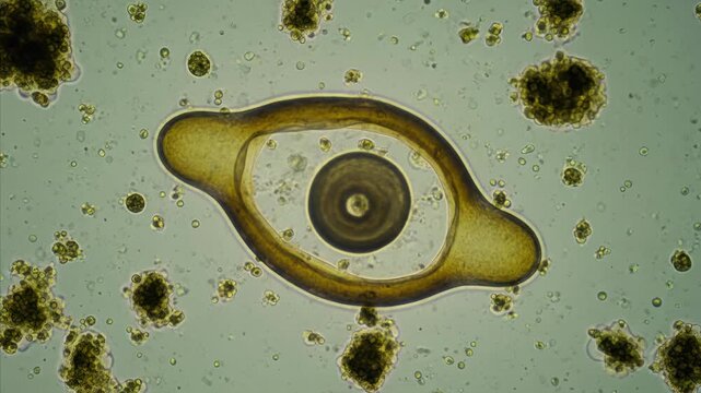 Microscopic view of a Parasitic Worm Egg, showing internal structure and surrounding debris