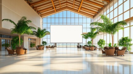 Obraz premium Spacious interior lobby with large blank billboard and lush greenery.