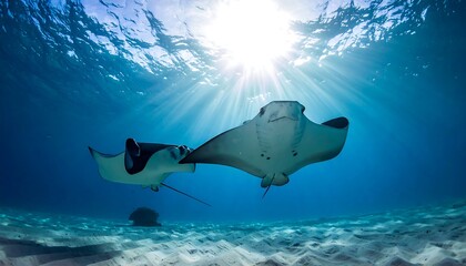 A large white manta ray swims underwater towards sunlight