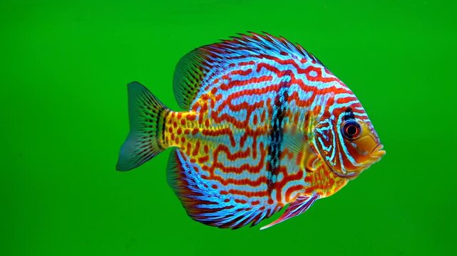A vibrant and colorful discus fish with intricate patterns swimming against a bright green background.