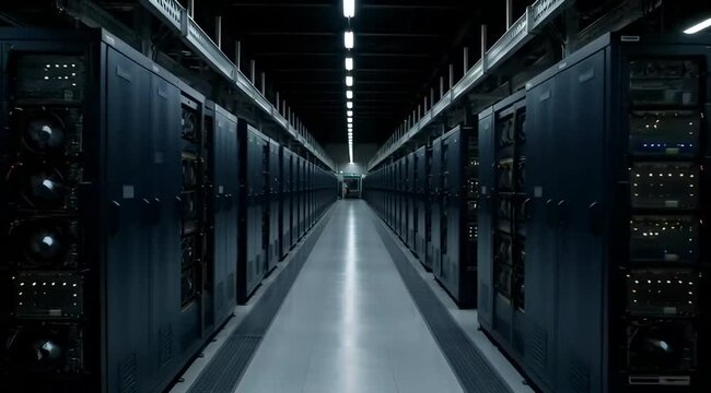 Large server room with rows of data storage units