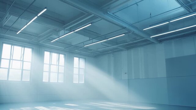 Empty industrial studio space with high ceilings and large windows, where bright sunbeams stream in, creating dramatic light patterns on the minimalist floor