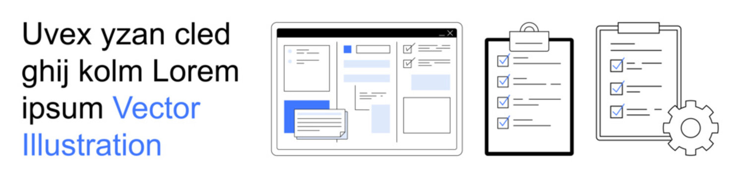 Workflow organization, task management, productivity tools, user interface, process optimization, team collaboration. UI screen, checklists gear graphic. Workflow and task management