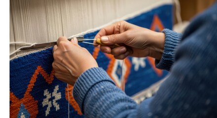 Person skillfully stitching a vibrant blue and orange patterned rug with precision and care