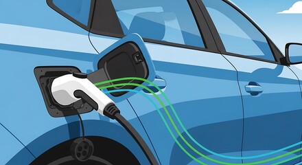 An illustrated blue electric car being charged by a white charging cable, showing energy flow