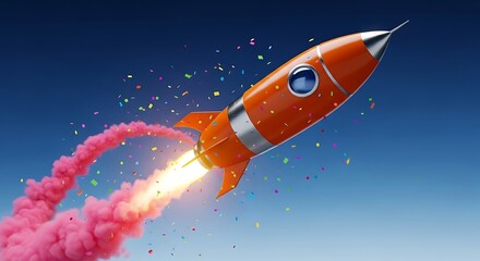 An orange rocket blasting off with pink smoke and confetti against a blue sky