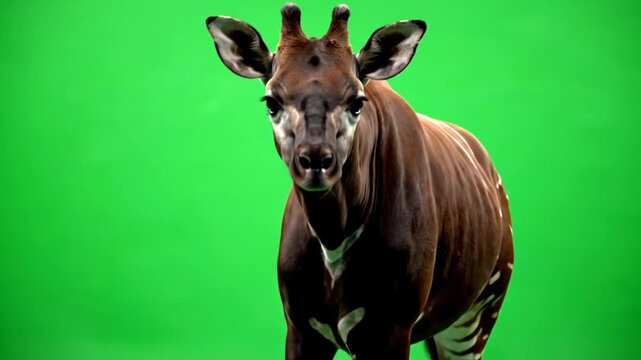 A close-up front view of an okapi with its distinctive striped legs and dark brown fur, standing against a vibrant green screen background.