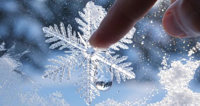 Close-up of a finger gently touching a snowflake with a drop of water, sparkling winter background