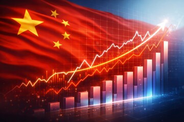 Chinese flag waving with rising graph and bar chart showing economic growth and development trend over time  business and finance concept JPG image