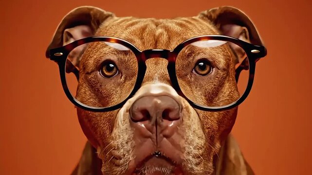 Dog wearing glasses cute pet animal face close up studio shot pitbull dog breed orange color background